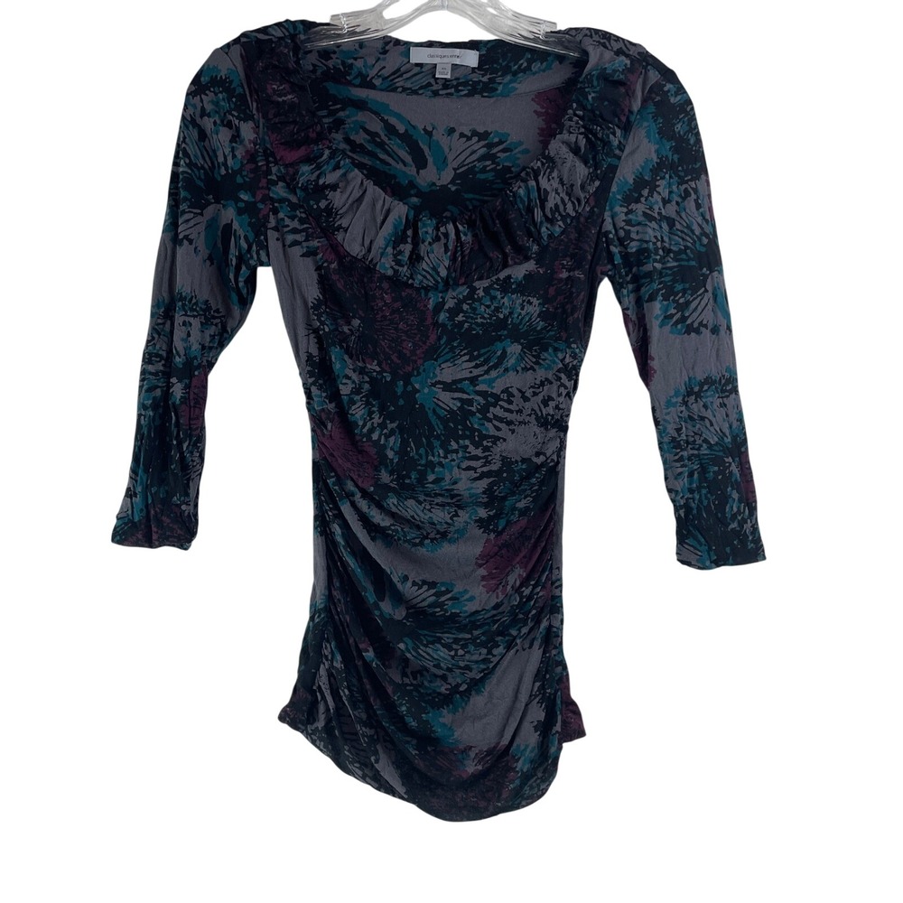 Classiques Entier Womens XS Ruched Abstract‎ Floral Ruffle Scoop Neck 3/4 Sleeve